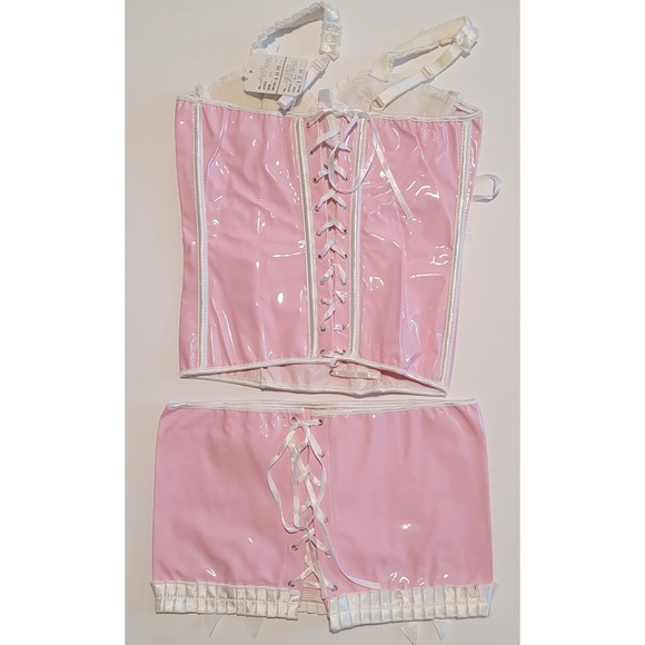 Women Pink & White PVC Bustier Corset Skirt & G-String Medium Back Lacing LB1150 - Picture 4 of 4